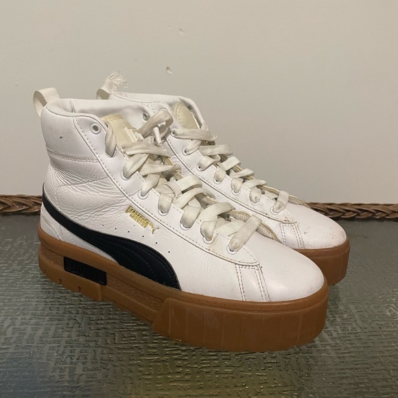 Puma White Leather High-Tops with Brown Sole - Picture 1 of 11